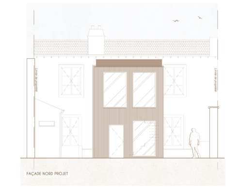 Plan de façade du projet d'extension avec cage d'escalier, maison en secteur classé à Nantes