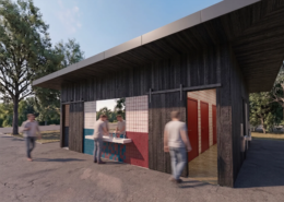Faïence coloré et bardage bois, extension sanitaires du collège Jean Moulin
