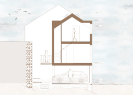 Coupe stylisée d'une maison contemporaine au Pellerin, du garage au niveau habitable sous toiture avec lucarne, avec escalier et cotes d'altimétrie