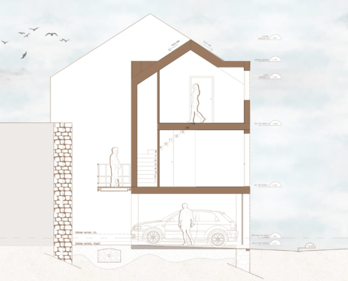 Coupe stylisée d'une maison contemporaine au Pellerin, du garage au niveau habitable sous toiture avec lucarne, avec escalier et cotes d'altimétrie