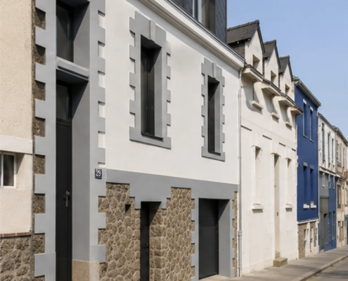 Vue en perspective d'une maison de ville à Nantes avec surélévation et création d'une lucarne contemporaine en zinc Anthra-Zinc et ardoise